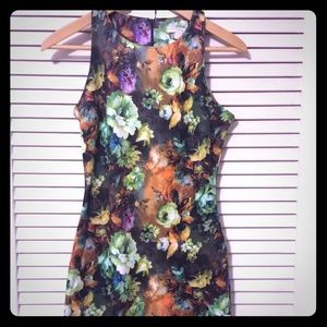 Scuba floral dress with detachable organza skirt.